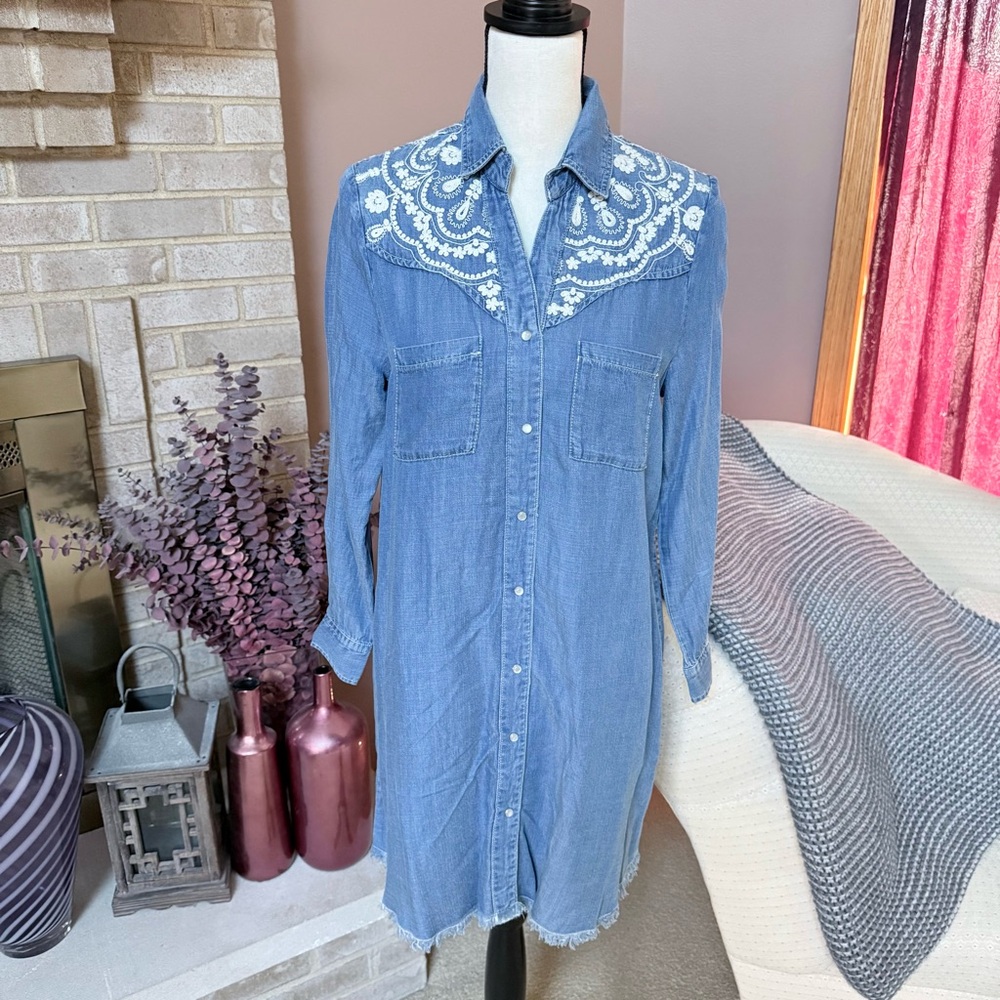 REBA Denim Shirt Dress Western Style Floral Embroidery - Medium Wash